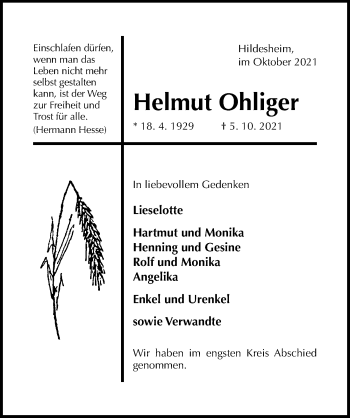 Traueranzeige von Helmut Ohliger von Hildesheimer Allgemeine Zeitung