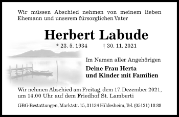 Traueranzeige von Herbert Labude von Hildesheimer Allgemeine Zeitung