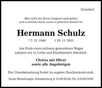 Traueranzeige von Hermann Schulz von Hildesheimer Allgemeine Zeitung