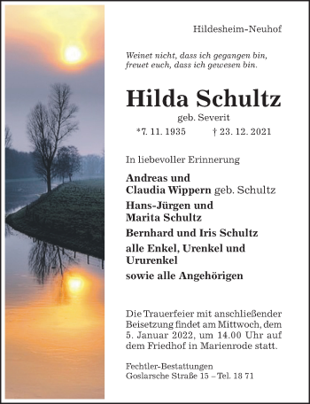 Traueranzeige von Hilda Schultz von Hildesheimer Allgemeine Zeitung