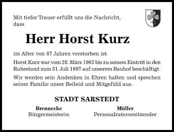 Traueranzeige von Horst Kurz von Hildesheimer Allgemeine Zeitung