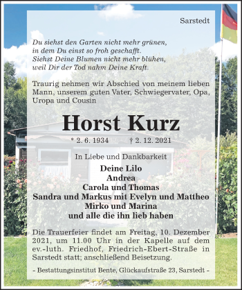 Traueranzeige von Horst Kurz von Hildesheimer Allgemeine Zeitung