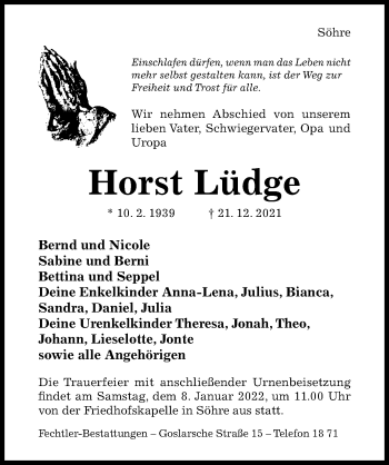 Traueranzeige von Horst Lüdge von Hildesheimer Allgemeine Zeitung