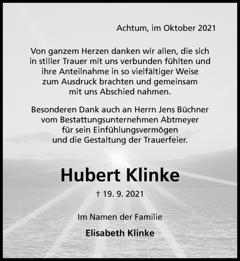  Traueranzeige für Hubert Klinke vom 16.10.2021 aus Hildesheimer Allgemeine Zeitung