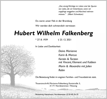 Traueranzeige von Hubert Wilhelm Falkenberg von Hildesheimer Allgemeine Zeitung