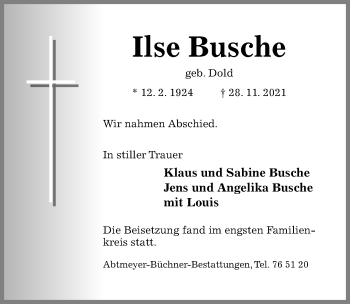 Traueranzeige von Ilse Busche von Hildesheimer Allgemeine Zeitung