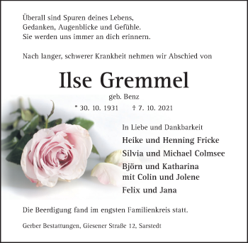 Traueranzeige von Ilse Gremmel von Hildesheimer Allgemeine Zeitung