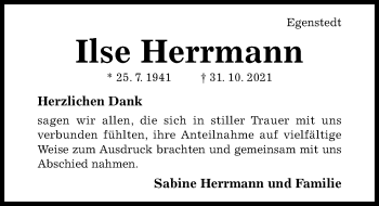 Traueranzeige von Ilse Herrmann von Hildesheimer Allgemeine Zeitung