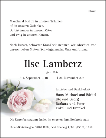 Traueranzeige von Ilse Lamberz von Hildesheimer Allgemeine Zeitung