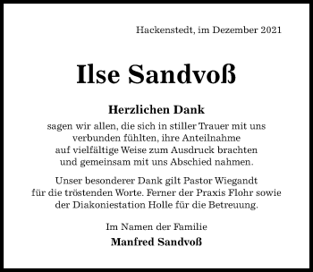 Traueranzeige von Ilse Sandvoß von Hildesheimer Allgemeine Zeitung
