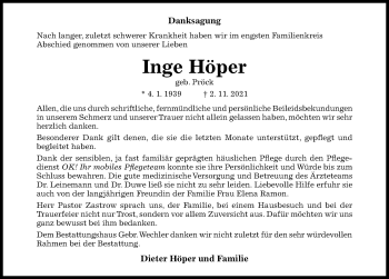 Traueranzeige von Inge Höper von Hildesheimer Allgemeine Zeitung
