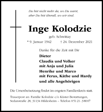 Traueranzeige von Inge Kolodzie von Hildesheimer Allgemeine Zeitung