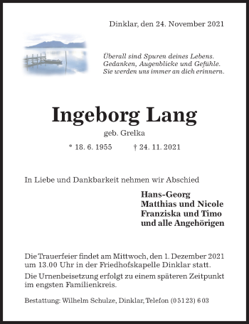 Traueranzeige von Ingeborg Lang von Hildesheimer Allgemeine Zeitung