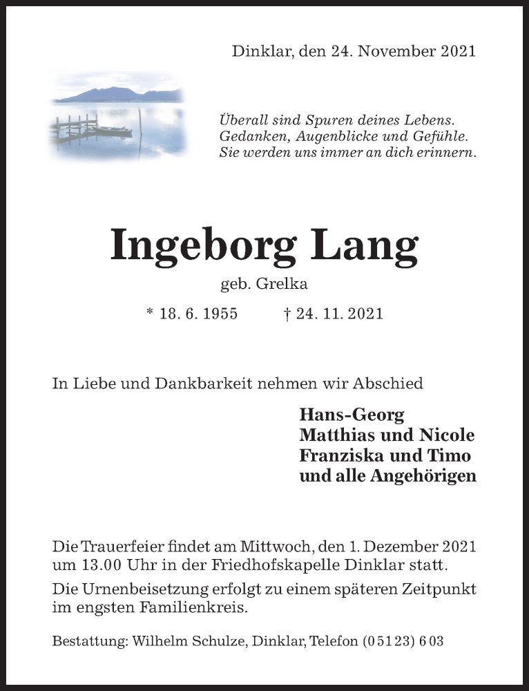  Traueranzeige für Ingeborg Lang vom 27.11.2021 aus Hildesheimer Allgemeine Zeitung
