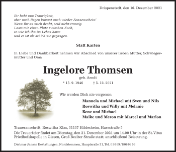 Traueranzeige von Ingelore Thomsen von Hildesheimer Allgemeine Zeitung