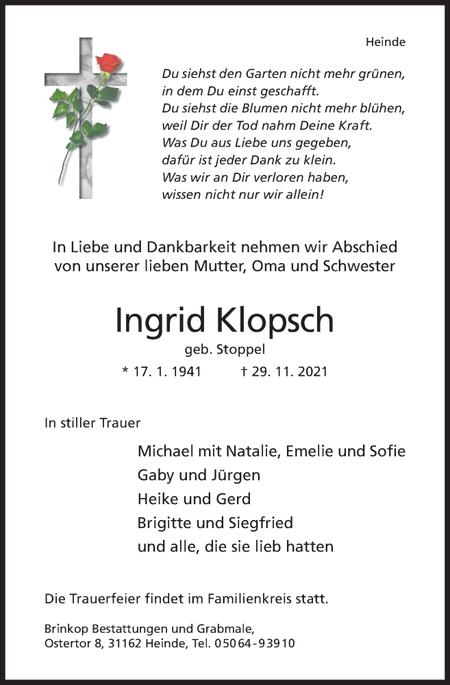  Traueranzeige für Ingrid Klopsch vom 04.12.2021 aus Hildesheimer Allgemeine Zeitung