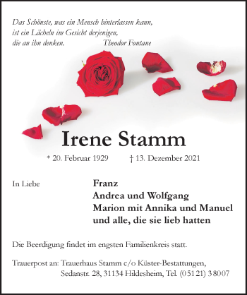 Traueranzeige von Irene Stamm von Hildesheimer Allgemeine Zeitung