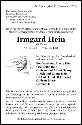Traueranzeige von Irmgard Hein von Hildesheimer Allgemeine Zeitung