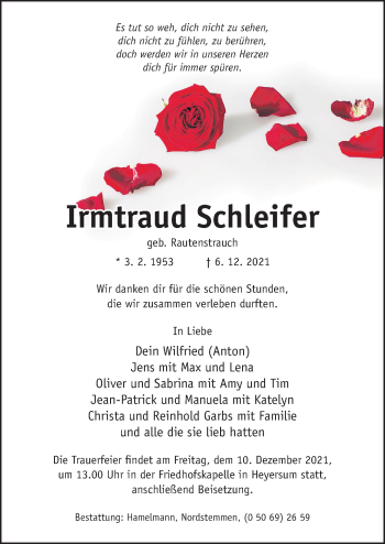 Traueranzeige von Irmtraud Schleifer von Hildesheimer Allgemeine Zeitung