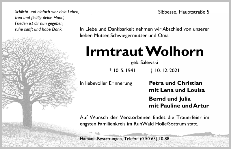  Traueranzeige für Irmtraut Wolhorn vom 18.12.2021 aus Hildesheimer Allgemeine Zeitung