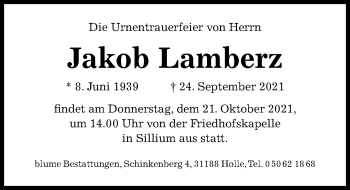 Traueranzeige von Jakob Lamberz von Hildesheimer Allgemeine Zeitung