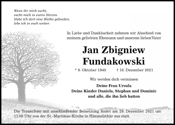 Traueranzeige von Jan Zbigniew Fundakowski von Hildesheimer Allgemeine Zeitung