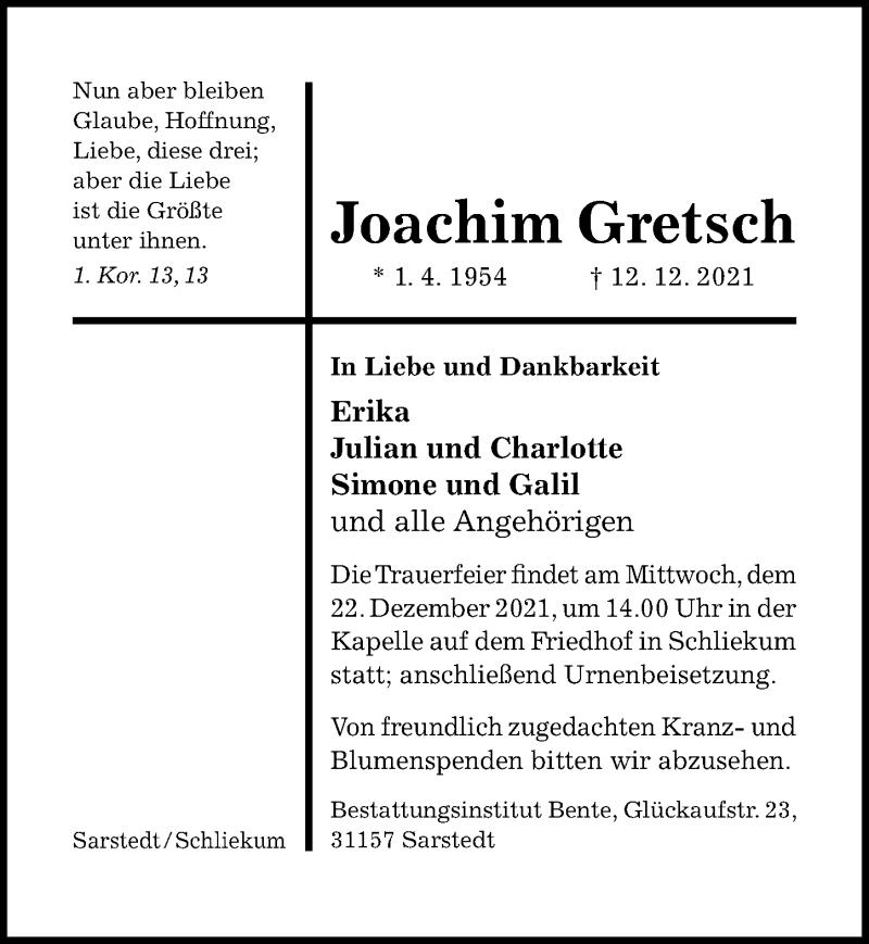  Traueranzeige für Joachim Gretsch vom 15.12.2021 aus Hildesheimer Allgemeine Zeitung