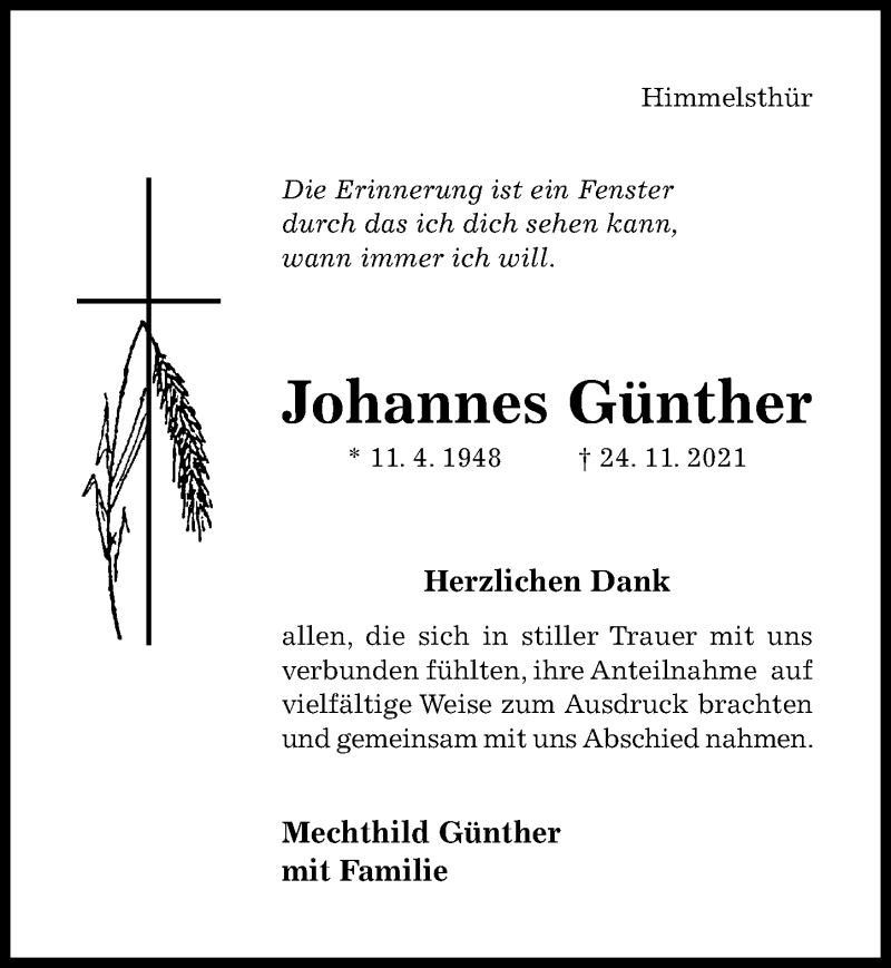  Traueranzeige für Johannes Günther vom 18.12.2021 aus Hildesheimer Allgemeine Zeitung