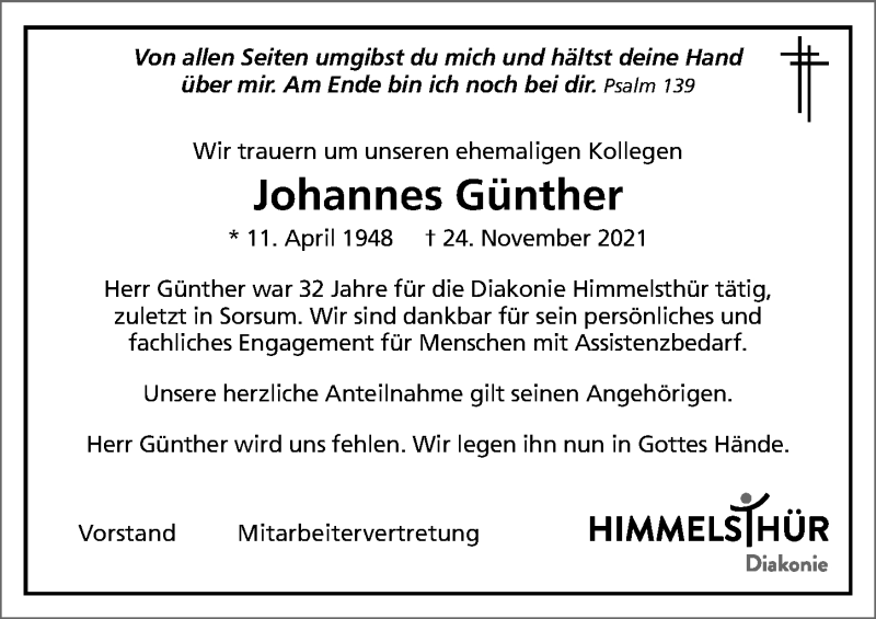  Traueranzeige für Johannes Günther vom 04.12.2021 aus Hildesheimer Allgemeine Zeitung