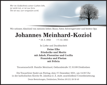 Traueranzeige von Johannes Meinhard-Koziol von Hildesheimer Allgemeine Zeitung