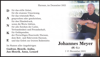 Traueranzeige von Johannes Meyer von Hildesheimer Allgemeine Zeitung
