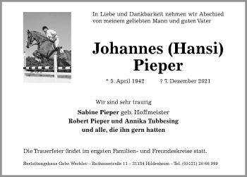 Traueranzeige von Johannes Pieper von Hildesheimer Allgemeine Zeitung