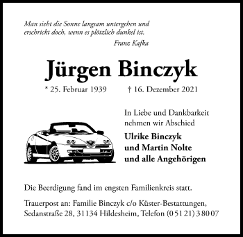 Traueranzeige von Jürgen Binczyk von Hildesheimer Allgemeine Zeitung