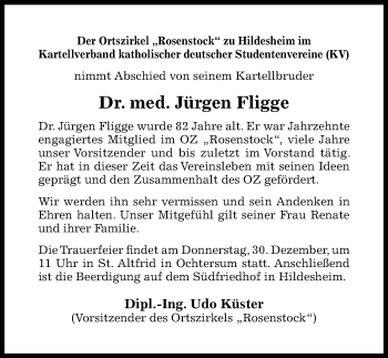 Traueranzeige von Jürgen Fligge von Hildesheimer Allgemeine Zeitung