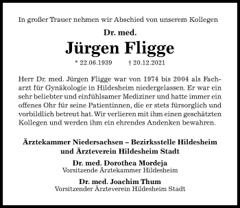Traueranzeige von Jürgen Fligge von Hildesheimer Allgemeine Zeitung