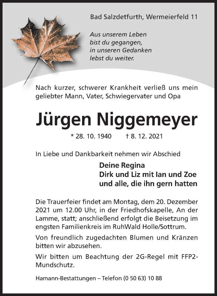  Traueranzeige für Jürgen Niggemeyer vom 15.12.2021 aus Hildesheimer Allgemeine Zeitung