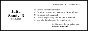 Traueranzeige von Jutta Sandvoß von Hildesheimer Allgemeine Zeitung