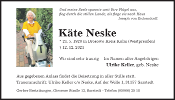 Traueranzeige von Käte Neske von Hildesheimer Allgemeine Zeitung