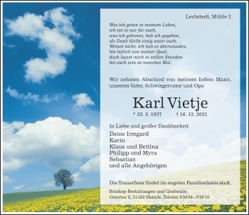 Traueranzeige von Karl Vietje von Hildesheimer Allgemeine Zeitung