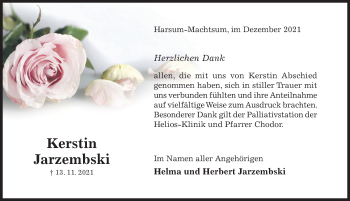 Traueranzeige von Kerstin Jarzembski von Hildesheimer Allgemeine Zeitung