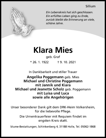 Traueranzeige von Klara Mies von Hildesheimer Allgemeine Zeitung