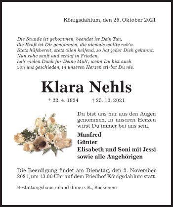 Traueranzeige von Klara Nehls von Hildesheimer Allgemeine Zeitung