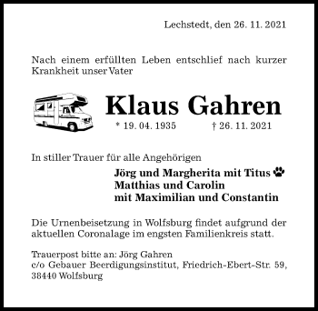 Traueranzeige von Klaus Gahren von Hildesheimer Allgemeine Zeitung