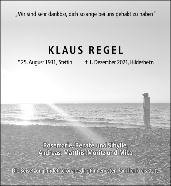 Traueranzeige von Klaus Regel von Hildesheimer Allgemeine Zeitung