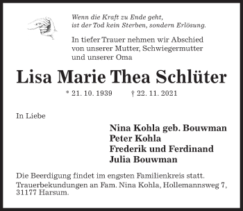 Traueranzeige von Lisa Marie Thea Schlüter von Hildesheimer Allgemeine Zeitung