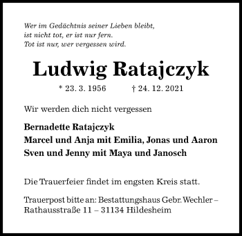 Traueranzeige von Ludwig Ratajczyk von Hildesheimer Allgemeine Zeitung