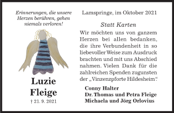 Traueranzeige von Luzie Fleige von Hildesheimer Allgemeine Zeitung