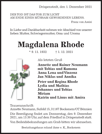 Traueranzeige von Magdalena Rhode von Hildesheimer Allgemeine Zeitung