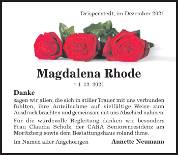 Traueranzeige von Magdalena Rhode von Hildesheimer Allgemeine Zeitung