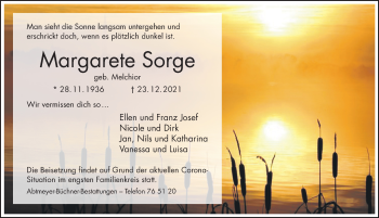 Traueranzeige von Margarete Sorge von Hildesheimer Allgemeine Zeitung